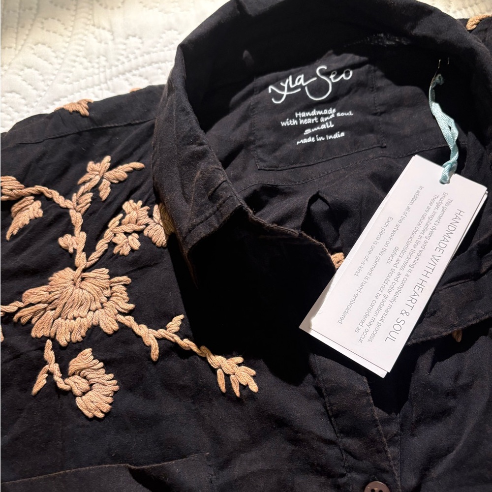 Black Embroidered Button-Up Shirt - - Picture 2 of 9